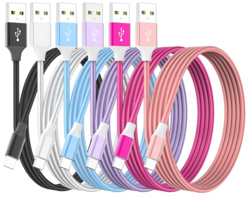 HKYUSHINE USB C Charger Cable, 6Pack 3/3/3.3/6/6/10FT 3.1A Type C Charger Fast Charging Braided for iPhone 16 15 Pro Max,Samsung S25 S24 Z Flip Fold, Pixel 6/7/8, Huawei, PS5, Switch