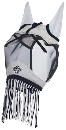 LeMieux Fliegenmaske mit Fransen – Mikro-Mesh-Ohren – schwarzes Netz – Vorlock-Schlitz – Marineblau – Medium