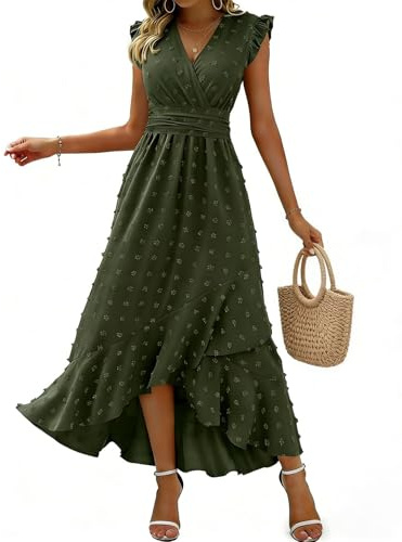 HUXRAKV Summer Wrap Dresses for Women UK Ladies V Neck Ruffle Sleeve Maxi Wedding Party Dress Ruched Waist Boho Beachdress,54-Green,XL