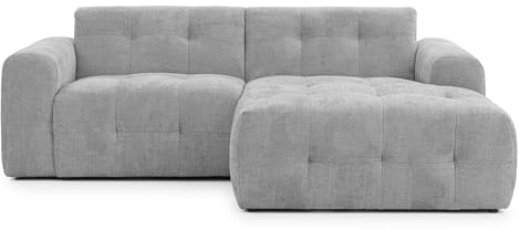 Modernes Ecksofa mit Ottomane rechts und raffinierten Steppungen, B234/T161/H79 cm, mit Wellenunterfederung, angenehm weicher, strapazierfähiger Chenille-Bezug in Hellgrau / 21043
