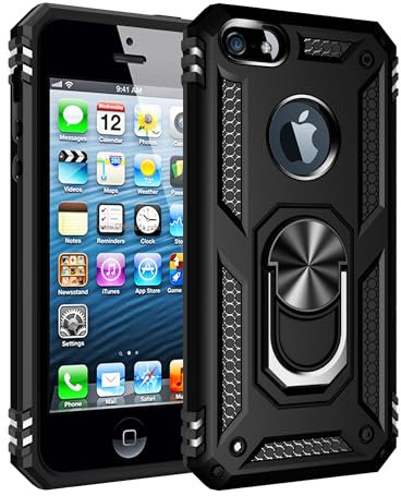 SORAKA Case for iPhone 5/iPhone 5S/iPhone SE 2016 with 360 degree rotation Ring Stand Soft Slim Fit Silicone Case Shockproof Anti-fingerprint Case with Metal Plate for Magnetic Car Phone Holder Black