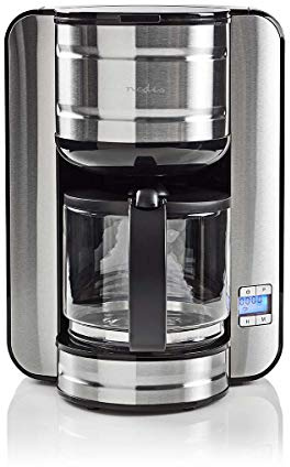 Nedis - Kaffeemaschine - max. Kapazität: 1.5 L - Mit Anti-Tropf-Funktion für 30 Sekunden -abnehmbarem Trichter und Wassertank - Trockengehschutz - Timer-Funktion - Aluminium / Schwarz