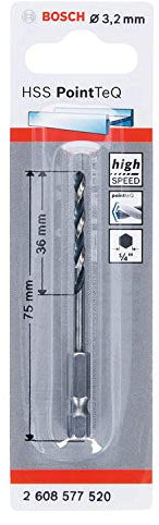 Bosch Accessories 2608577520 Bosch Accessories PointTeQ-Punta Metallo, Ø: 3,2 mm, Lavoro: 36 mm, Lunghezza Totale: 75 mm, Codolo Esagonale da 1’’’ con Accessori Avvitatore a percussione