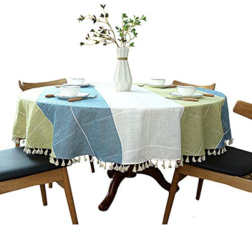 schwere Baumwolle Leinen Tischdecke, rund, kariert, Quaste, für Küche Esszimmer Tischdekorationen, Durchmesser - 160cm, Blau und Grün