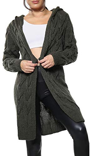 New Womens Chunky Cable Knitted Oversized Longline Hooded Cape Cardigan Ladies Baggy Pocket Long Jumpers Coatigan (Charcoal, Numeric_12)