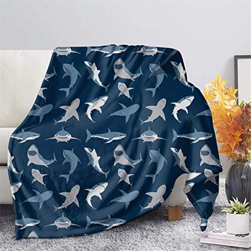HUGS IDEA Flannel Fleece Microfiber Throw Blanket, Shark Cartoon Animal Pattern Basic Size & Full Size, Lightweight Cozy Plush Microfiber Bedspreads - M