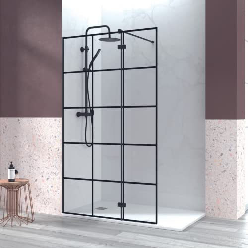 Mampara de Ducha Fijo Frontal + Puerta Abatible | Panel Pantalla Fijo Ducha con Puerta Abatible | Vidrio Templado de 6mm | Tratamiento Antical y Altura de 195cm. | Cuadrícula Negro Mate 90+40cm