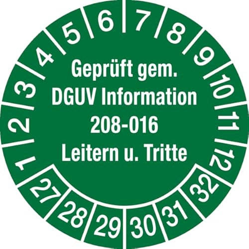 Dreifke® Aufkleber Prüfplakette, DGUV Information 208-016 Leitern und Tritte, grün/weiß, Ø 30 mm - Bogen = 10 Plaketten Folie selbstklebend Grün AufdruckWeiß 3