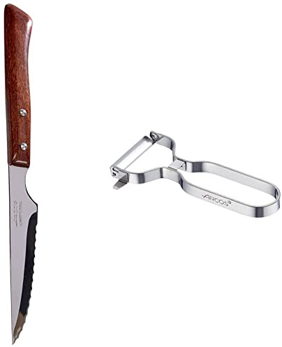 Arcos Serie Cuchillos de Mesa - Juego de 6 Cuchillos Chuleteros, Hoja Serrada de Acero Inoxidable + Gadgets Profesionales, Pelador de Frutas Pelador de Verdura, Acero Inoxidable Cromado