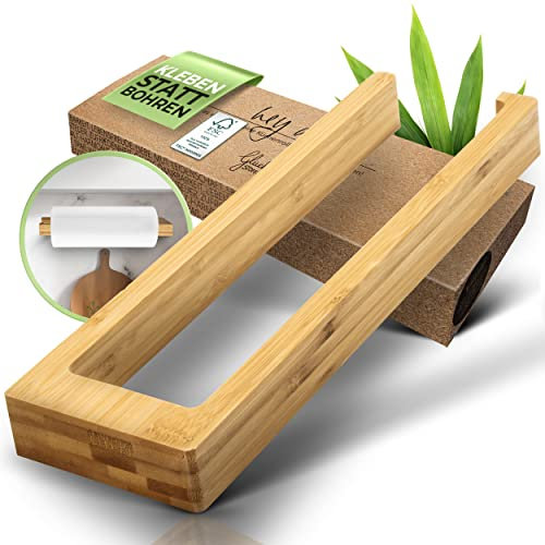 Glückstoff® Bambus Küchenrollenhalter Ohne Bohren [aus FSC®-Holz] Halter Küchenrolle aus Holz | Zewa Rollenhalter Hängend Wand Halterung Abroller | Klopapierhalter | Wandrollenhalter Aufbewahrung