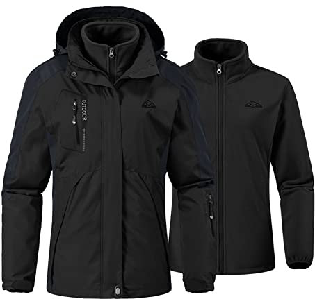 YSENTO Damen 3-in-1 Skijacke Winter Fleecejacke wasserdichte Winddichte Warme Funktions Outdoor Softshell Jacke mit Abnehmbarer Kapuze(Schwarz,XL)