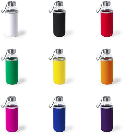 DISOK - Lote 20 Bidones de 420ml de capacidad con funda de neopreno en vivos colores. Bidones para deporte, botella líquido deportes.