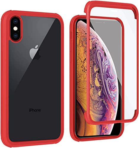 Leedia 360 Grad Hülle Kompatibel mit iPhone XS Hülle Ganzkörper Eingebauter Glas Displayschutzfolie Stoßfest Schutzhülle Transparent Clear Durchsichtig Handyhülle für iPhone X/Xs 5.8 Rot