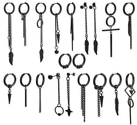 JOLCHIF 20 Stück Kpop Ohrringe Set Schwarz Lang Männer Edelstahl Allergiefreie Ohrstecker Huggie Ohrringe Non Pierced Punk Gothic Hoop Creolen
