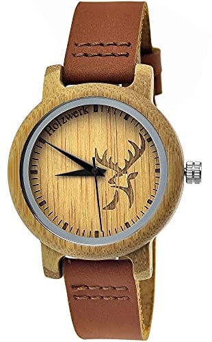 Holzwerk Germany Handgefertigte Designer Hirsch Öko Damen-Uhr Öko Natur Holz-Uhr Leder Armband-Uhr Analog Klassisch Quarz-Uhr in Braun mit Hirsch Motiv