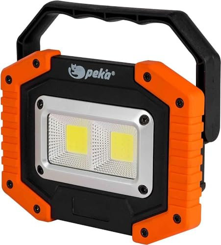 PEKA | Foco LED Recargable de Trabajo | 10W y 500 lm | 3 Intensidades | Autonomía 4,5 a 9h | USB y Cable de Carga | Alimentación Dual | 2 Baterías de Litio y Pilas AA | Función Power Bank | PEKA W032