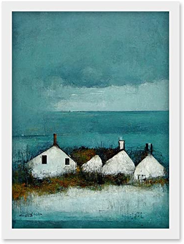 Doppelganger33 LTD Scottish Seascape White Cottages On Teal Artwork Framed Wall Art Print A4