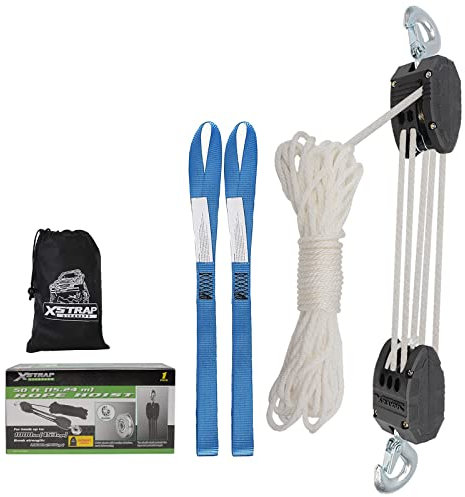 XSTRAP STANDARD Heavy-Duty 2,000LB 50 Feet Rope Hoist Pulley 1 Ton Wheel Block and Tackle System 5:1 Ratio Lifting Power with 2PK 18 Inch Soft Loops 50FT White