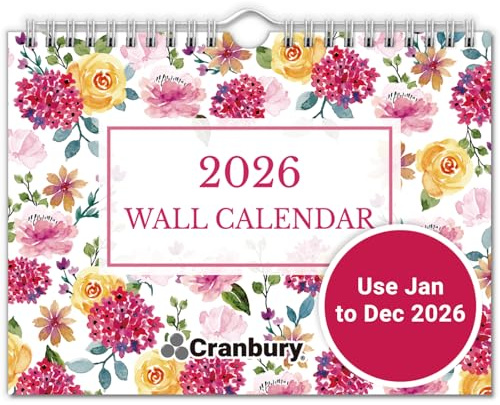CRANBURY Kleiner 20,3 x 15,2 cm Wandkalender 2026, von Januar bis Dezember 2026, wunderschöne monatliche Blumenmotive, zum Aufhängen, kleiner Kalender, Verwendung an Pinnwand, Kühlschrank oder