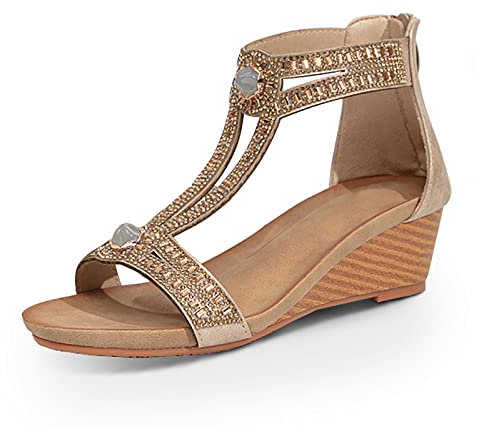 FRALOSHA Keilsandalen für Damen offener Zehenbereich lässig Sommer römisch hoher Absatz atmungsaktiv Strandsandalen Gold 43 EU