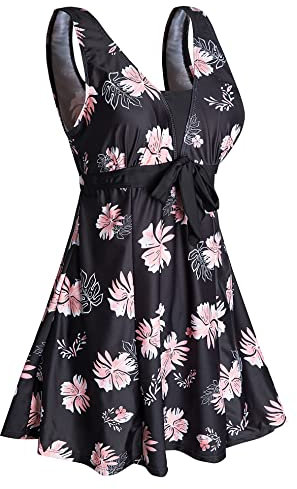 Ecupper Maillot de Bain Une Pieces pour Femme Rétro Jupe avec Volantée Contrôle du Ventre Push Up Col en V Fleur Rose M