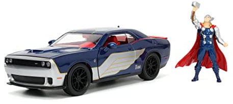 Jada Toys Marvel Figur Thor mit Modellauto 2015er Dodge Challenger SRT8 Hellcat - Set aus Marvel Avengers Actionfigur (8 cm) & Spielzeugauto (20 cm), für Marvel Fans und Kinder ab 8 Jahre