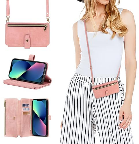 ZCDAYE Hülle für iPhone 13 mit Band Handykette, Leder iPhone 13 Handyhülle Handytasche mit Kartenfächern Frauen Brieftasche Klapphülle zum Umhängen Tasche iPhone 13 (6.1 inches),Roségold