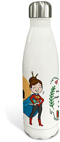LolaPix Botella agua personalizada. Botella acero inoxidable de doble capa. Libre BPA. 500ml y 750ml. Regalos originales para profesores. SUPER PROFESORA