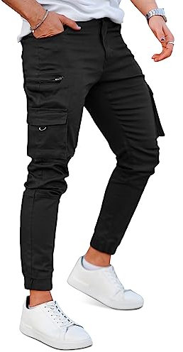 GINGTTO Pantalon Cargo Slim Fit Homme Joggers Elastique Pants Stretch Pantalons avec Multipoches Noir 34