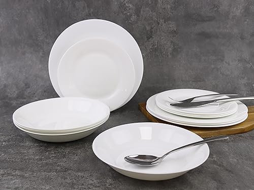 12/24 Pc Dinner Set Bowl Side Dinner Plate 12 or 24 Piece Smooth Plain or Wavy Dinner Service Set Dessert Cereal Bowl Plates (24pc - Aria - Round)
