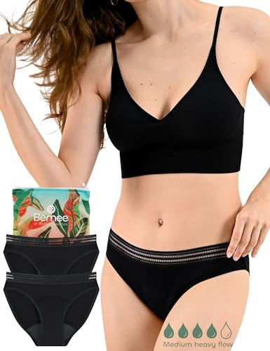 BeMee Daytime Bikini LACE, Perioden-unterwäsche, Menstruations-Slip, Bambus-Viskose schadstoff-frei, saugstark bei mittlerer bis starker Blutung, schwarz, Größe XL, Doppelpack