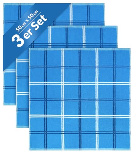 Lashuma Küchenhandtuch Frottee 50x50 cm, Lyon 3er Set Trockentücher Blau | Aus 100% Baumwolle in schwerer 440 gsm Qualität, saugstarkes Handtuch für Küche, Hände und zum Abtrocknen