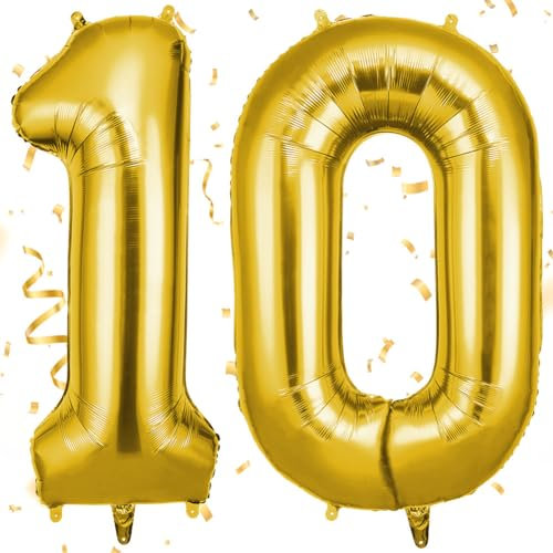 OFFCUP Zahlen Luftballon Gold, Jumbo Folienballon Zahl 10, 40 Zoll Helium Ballons Geburtstag zahlen Luftballon Geburtstagsdeko Jubiläumsparty Dekoration