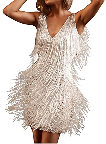 Battnot Damen 1920er Abendklied Cocktailkleid Damen Abschlussball Flapper Kleider 1920er Jahre Pailletten Fransen Quaste Kleid Ärmellos Formal Cocktail Gala Kleid 20er Jahre Kostüm