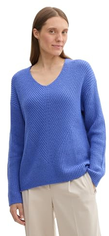 TOM TAILOR Damen RIPP Strickpullover mit V-Ausschnitt, 35896 - Preppy Jean Blue Melange, M