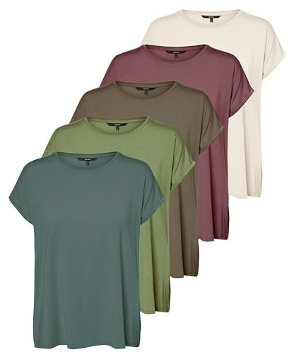 VERO MODA Damen VMAVA Plain SS TOP GA 5PACK T-Shirt Kurzarm, Balsam Green/Oil Green/Caribou/Rose Brown/Pumice Stone, M