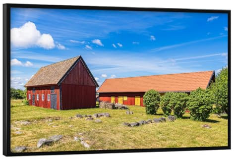 artboxONE Poster mit schwarzem Rahmen 60x40 cm Natur Rote Holzhuser in Schweden - Bild slad bauernhaus Dorf