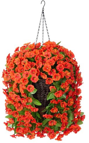 Künstliche Herbst-Hängeblumen mit Korb für Outdoor-Dekoration, Kunstseide, realistisches Blumenarrangement, Übertopf, UV-beständig, für Veranda, Terrasse, Balkon, Garten (Orange)