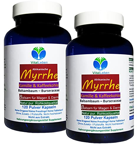 MYRRHE + KAMILLE + KAFFEEKOHLE 240 Pulver Kapseln (2x120) für den gestressten Darm nach AYURVEDA und Hildegard von Bingen - NATUR pur - OHNE ZUSATZSTOFFE [4 Monate] 27160-2