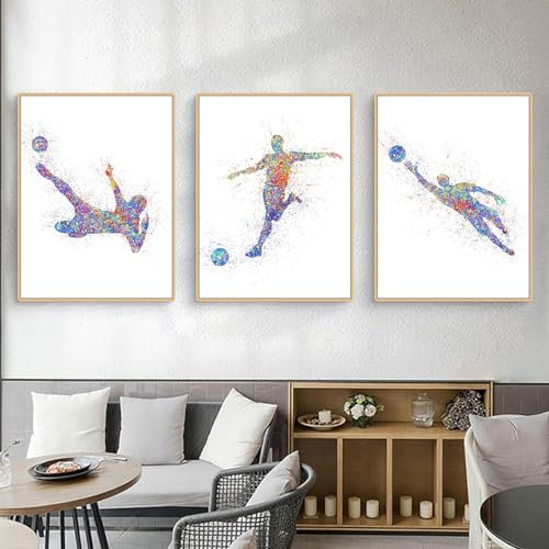 Herfair 3 Stück Moderne Bunt Fußball Poster Set, Schwarz und Weiß Kunstdruck Bilder, Kinderzimmer Wohnzimmer Wandbilder Wanddeko für Teenager Jungen, Ohne Rahmen (Bunt Fußball,30x40cm)