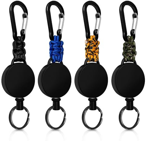 Llavero Retráctil, Llavero Extensible 4 Piezas, Llavero Retractil Cable Acero 60 cm, Llavero de Mosquetón con Clip Paracord, Mosquetón de Carrete (Negro+verde+azul+naranja y negro)