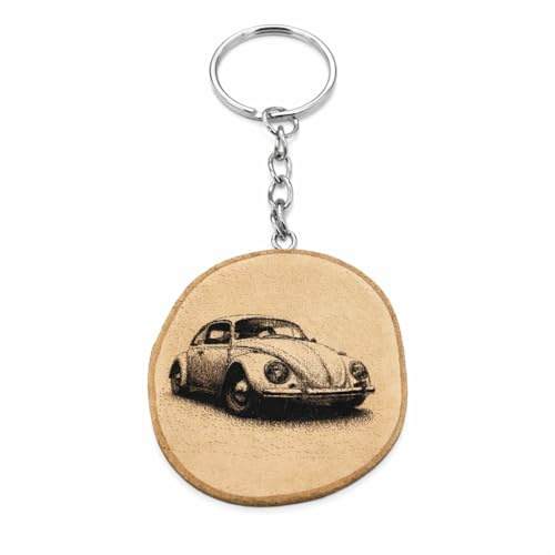 Promotech Legendäres Beetle Auto Schlüsselanhänger – Handgefertigter Lasergravierter Einzelstück-Schlüsselanhänger aus Naturholz für Oldtimer- & Autoliebhaber