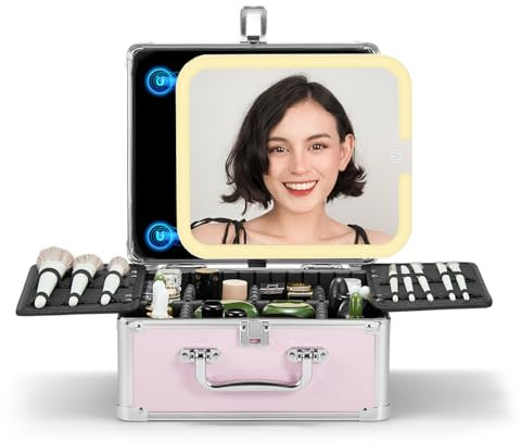 OMIRO Make Up Box mit Beleuchtetem Spiegel, Kosmetikkoffer mit Abnehmbarem Magnetspiegel (Rosa, Diamant-Texturen)
