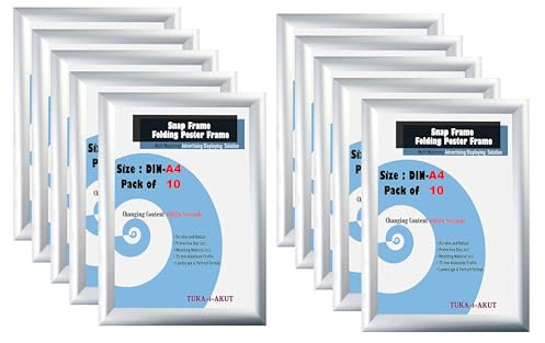 TUKA-i-AKUT 10er A4 Klapprahmen aus Aluminium 25 mm Profil, Plakatrahmen Wechselrahmen Poster Rahmen Schnapprahmen Aufklappbar mit Schutzscheibe Befestigungsmaterial, Silber Farbe, TKD8420-A4-10X