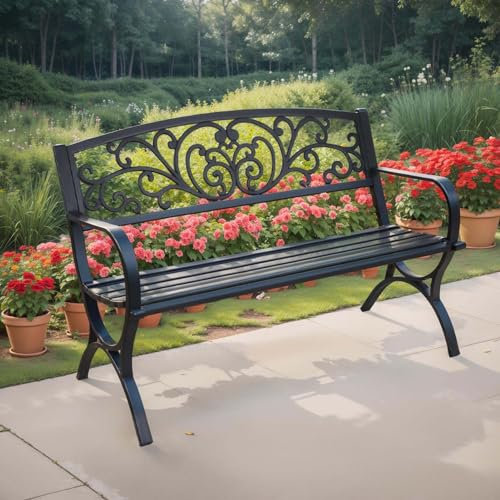 Wrought Iron Garden Bench for 2 Seater Outdoor Patio Front Porch Balcony Park Black Bench with Slatted Seat Armrests and Backrest Easy Assembly for Yard Lawn Deck Stylish and Durable Outdoor Bench