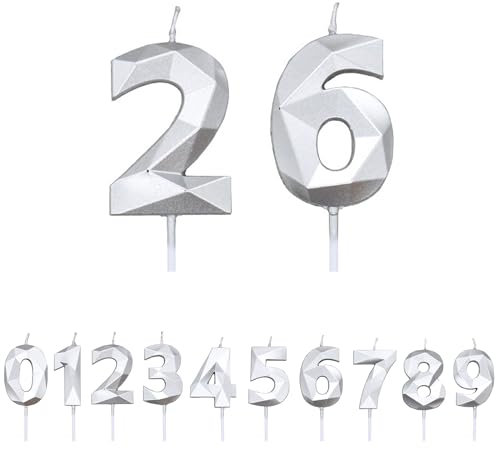 FUZVOL Birthday Cake Candles, Silver Number 26 Candle,Cake Topper Decorations