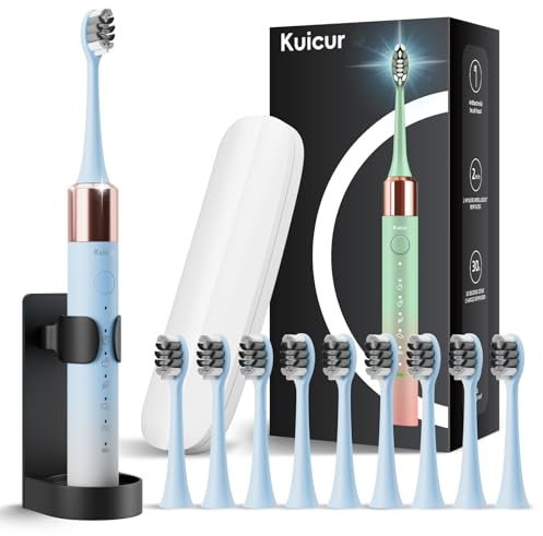 Kuicur Sonic Electric Toothbrush for Adults and Kids, Comes with 10 Brush Heads & Travel Case, 5 Modes with 2 Minutes Built in Smart Timer, One Charge for 90 Days, 42,000 VPM Motor (Blue and White)