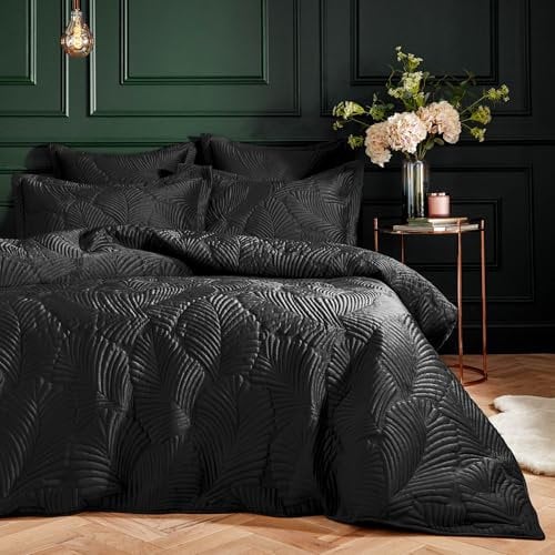 Paoletti Palmeria Quilted Duvet Cover Set – Luxe Embroidered Velvet Bedding (Black – King)