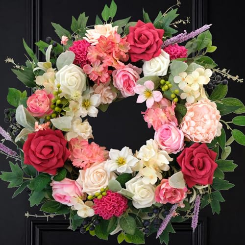 CIR OASES 22 Inch Spring/Summer Floral Wreaths for Front Door,Artificial Decoration Wreath with Rose Dahlia Hydrangea for Home Valentine Wedding Mothers Day Decor(RED)