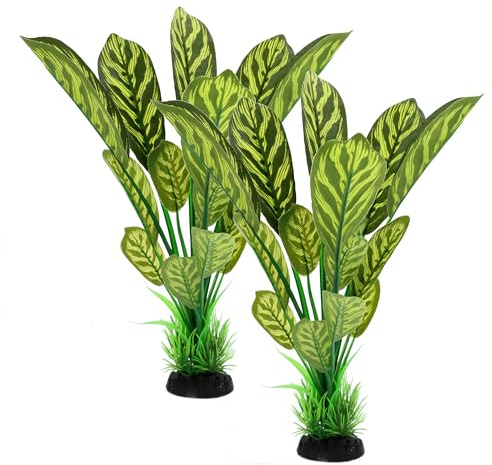 ALEGI Plantas artificiales de seda para acuario, 12 pulgadas, color verde con rayas, paquete de 2